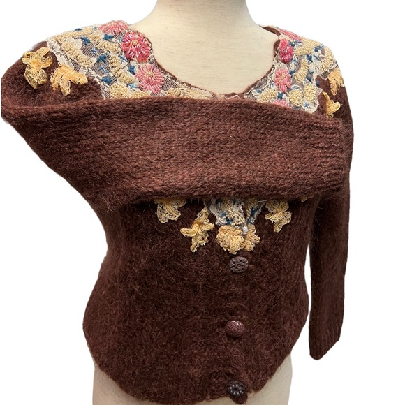 Vintage Free People Antique Lace Seed Pearl Beaded Brown Wool Cropped Cardigan - Picture 11 of 14